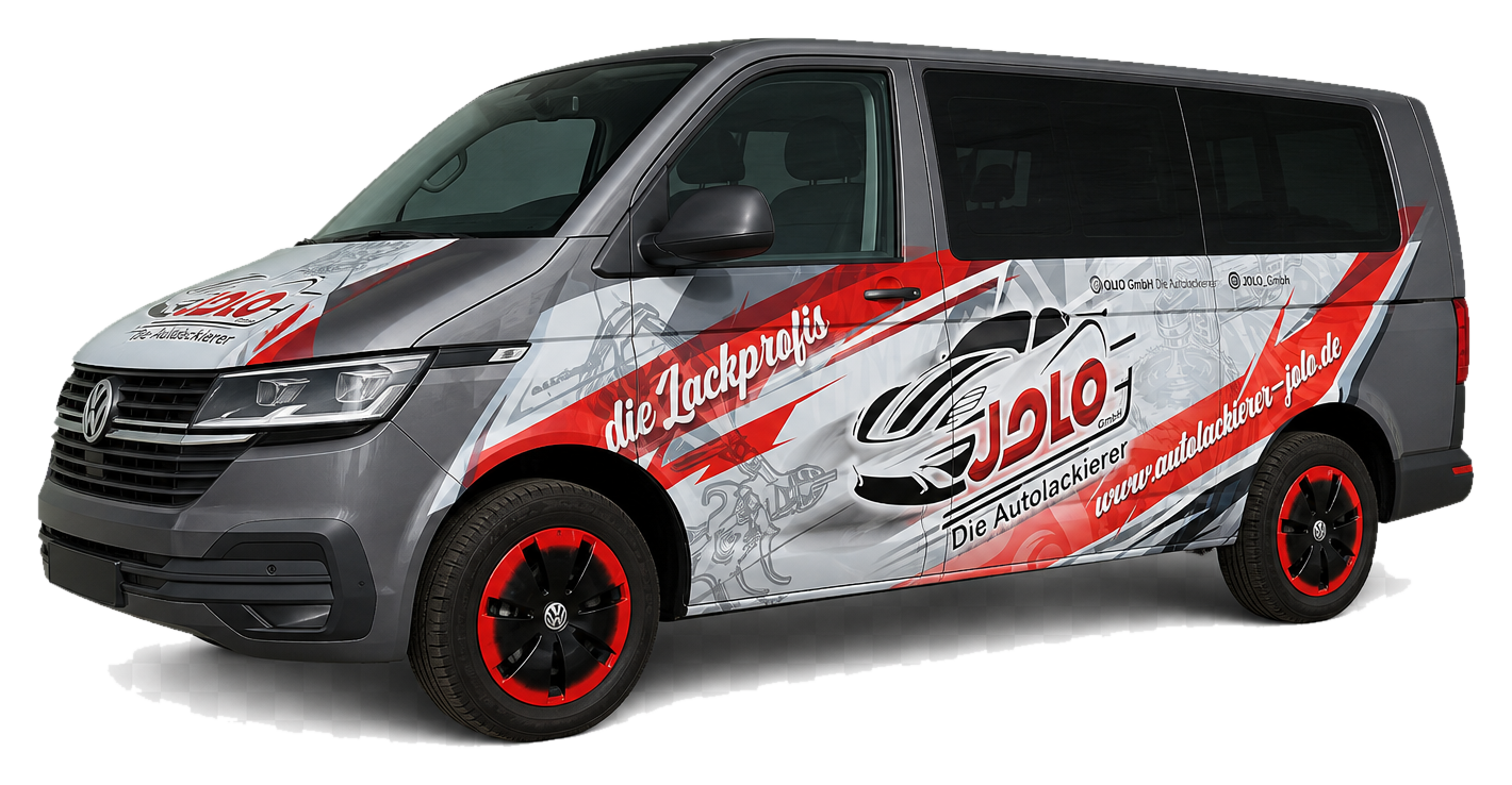 Freigestellter JOLO-Werkstattbus mit roter, weißer und grauer Fahrzeugfolierung