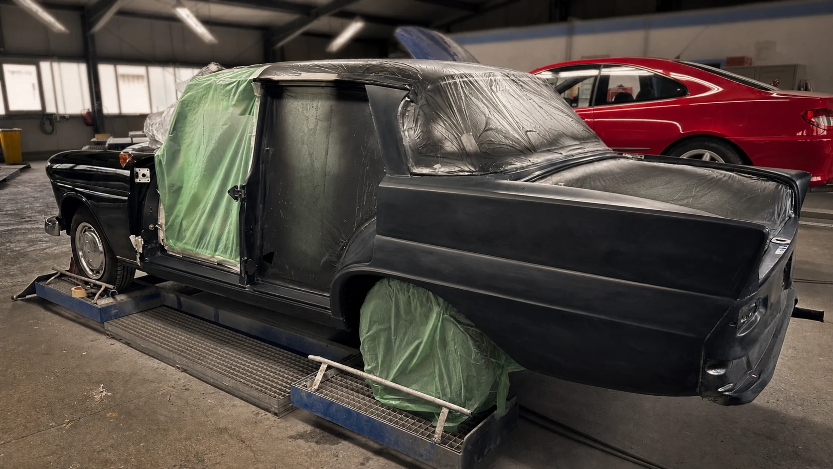 Mercedes-Klassiker abgeklebt und für die Lackierung grundiert