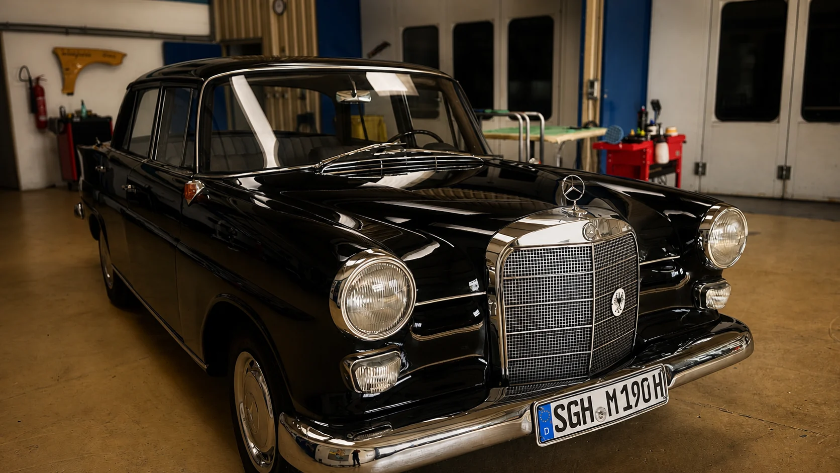 Fertig restaurierter schwarzer Mercedes-Klassiker in Frontansicht